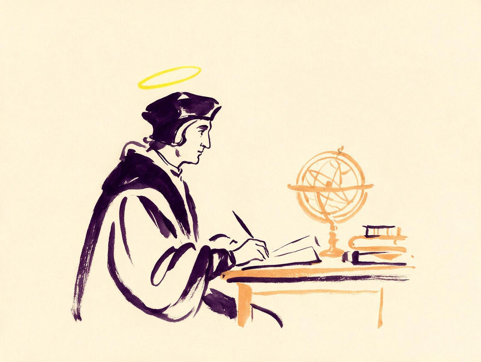 Renesansowy uczony przy pulpicie z astrolabium — ilustracja tuszem
